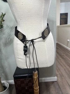 NWT Y2K Embroidered Low Slung Gypsy Hippie Wide Brown Leather Hip Belt S/M - Picture 1 of 6