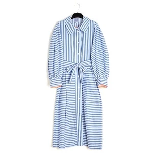 Thierry Colson Robe FR40 Large Blue Pinestripe Cotton Day Dress UK12 US10 - Imagen 1 de 6