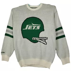 New York Jets Mitchell & Ness NFL Large Knitted Sweater Cream Green Gray NWT - Picture 1 of 7