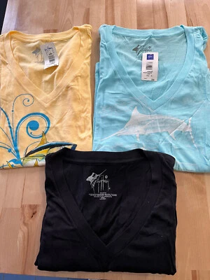 3 Guy Harvey Women's M Fish GraphicsTurquoise Black Yellow SS LS V-neck T-Shirts - Image 1 of 4
