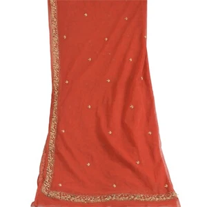 Sanskriti Vintage Brick Red Long Dupatta Stole Net Mesh Hand Beaded Scarves - Picture 1 of 9