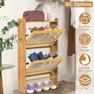 2-Tier Bamboo Shoe Storage Cabinet 2 Flip Drawer for Entryway Sneaker Organizer - Picture 1 of 8