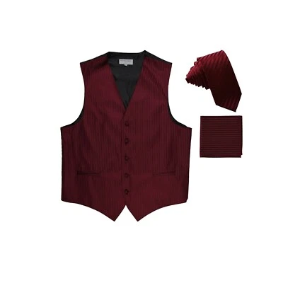 New Men's Tuxedo Vest Vertical Stripes Necktie Hankie set prom party Burgundy - Image 1 of 4