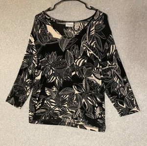 Chicos Travelers Floral Top Womens Size 3 Black 3/4 Sleeves Slinky XL - Picture 1 of 7