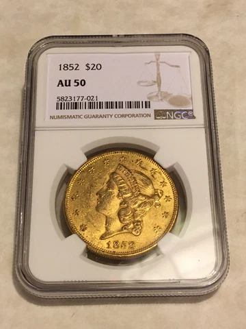 1852 AU50 NGC Liberty Double Eagle $20 Gold Coin eyeclean good appeal (no PCGS) Cover