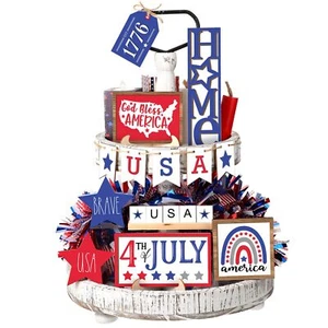13 Pieces 4th Of July Tiered Tray Decor Patriotic Table Decor Wood Signs Indepen - Picture 1 of 7