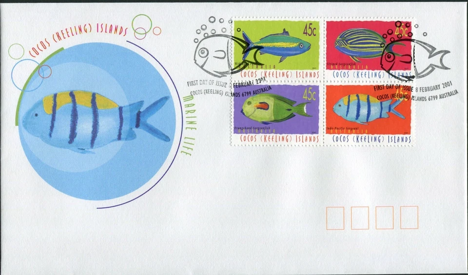 2001 Cocos (Keeling) Islands Marine Life Fish Block Of 4 FDC, Mint Condition — 第 1/1 张图片