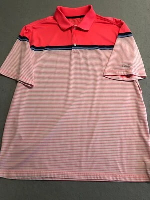 Walter Hagen 高尔夫 Polo 衫男式 XL 亮霓虹珊瑚条纹活动网球 — 第 1/4 张图片