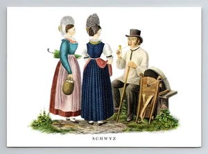 Postal Schwyz 6x4" - Antiguos trajes nacionales suizos por David Aloys Schmid - Imagen 1 de 2