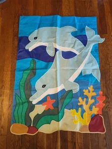 Vtg Dolphin Ocean Garden House Two Sided Flag Embroidered Summer Banner  - Picture 1 of 4