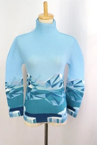 ISSEY MIYAKE me Blue Pleats High Neck Long Sleeve Top 072 9248 - Picture 1 of 6