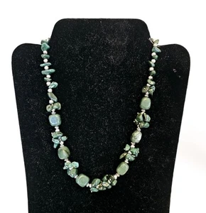 Genuine Green Mica Necklace Cluster of gemstones with Silver Tone Beads 18" - Picture 1 of 5