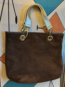 Bolso de mano Maurizio Taiuti marrón brillante gamuza arnés doble asa dorada nuevo sin etiquetas - Imagen 1 de 5