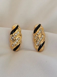 Christian Dior Clip Ohrringe schwarz Emaille Kristalle Muschel Spirale Modernist 80er - Bild 1 von 4