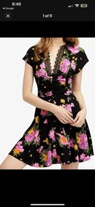Vestido Free People Álora para mujer negro floral ribete de encaje cuello en V manga corta talla 10 - Imagen 1 de 8