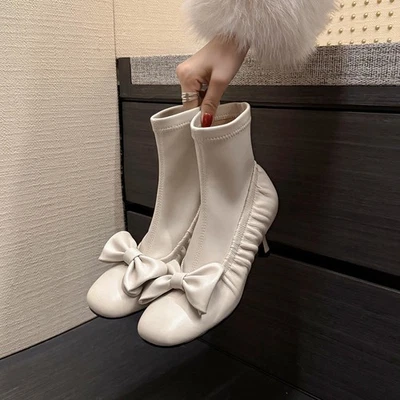Botas al tobillo elásticas de cuero con moño para mujer 6 cm tacón de aguja medio moda damas - Imagen 1 de 4