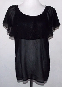 The Limited Womens Top Medium Black Sheer Gold Metallic Ruffle Cape Shirt - Picture 1 of 5