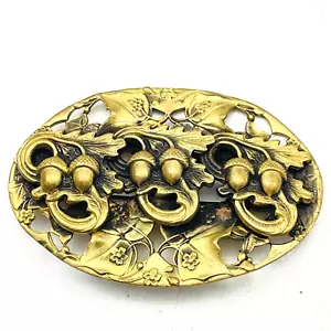 Art Nouveau Brooch Brass Acorns Oak Leaves Branch Swirl Flowers - Picture 1 of 4