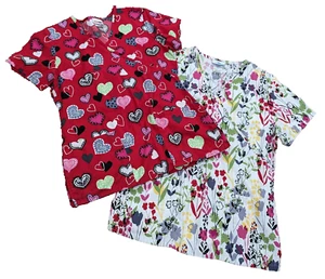 Scrubstar & SB Scrub Tops V Neck Valentines Hearts & Floral Size S & XS Lot of 2 - Picture 1 of 9