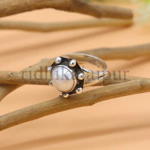 Silver Ball Beaded Round Disc Ring With Pearl Gemstone Jewelry Vintage Women - Picture 1 of 10