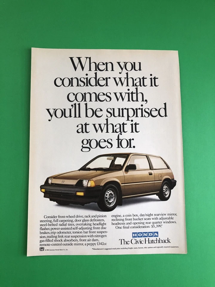 1985 HONDA CIVIC VINTAGE ORIGINAL PRINT AD ADVERTISEMENT PRINTED - Image 1 of 1