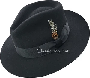 100% Wool Felt Classic Godfather Gangster Mobster Gentleman Fedora Hat Black - Picture 1 of 10
