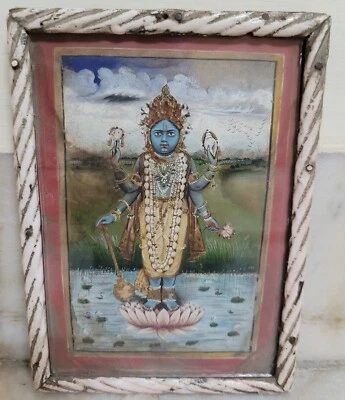 Antigua pintura de papel miniatura pintada a mano de colección obra dorada Lord Vishnu Foto 1 de 4