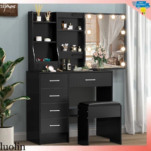 10 LED Lighted Sliding Mirror Vanity Table Set Makeup Dressing Desk 6 Drawers - Picture 1 of 12