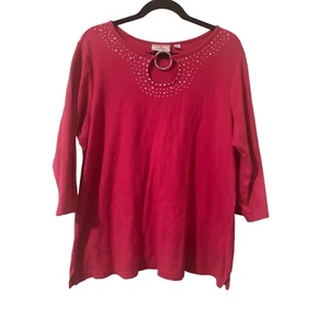 Pullover de algodón Quaker Factory rosa adornado manga 3/4 ojo de cerradura cuello 1X - Imagen 1 de 6