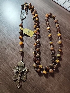Elegantmedical HANDMADE TIGER EYE BEADS CATHOLIC ROSARY CRUCIFIX NECKLACE K12 - Picture 1 of 7