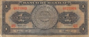 Mexico  1  Peso  9.6.1965  Series  BCP  Prefix U  Circulated Banknote HJ M - Picture 1 of 2
