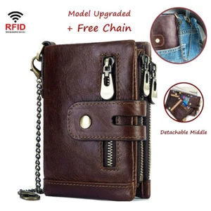 Men's Real Leather Wallet Distressed Biker Rider Trifold Chain Zip Coin Pocket - Picture 1 of 9