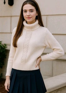 Sweater Women Medium Ivory Floral Knit Crochet Academia Preppy turtleneck - Picture 1 of 10