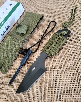 Cuchillo de Supervivencia Pequeño 3.12" Una Pieza Acero Inoxidable Tanto Hoja Cordón Mango Envuelto Foto 1 de 4