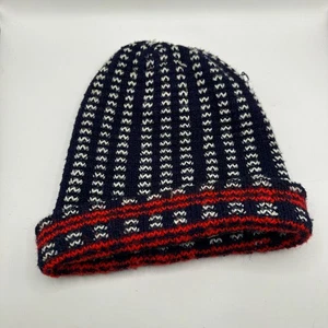 Handmade Vintage Birdseye Navy Blue Red White Knit Cap Hat Winter Beanie Soft - Picture 1 of 7