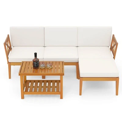 5 PCS Acacia Wood Patio Furniture Set w/ 2-Tier Coffee Table and Cushions - Image 1 of 4