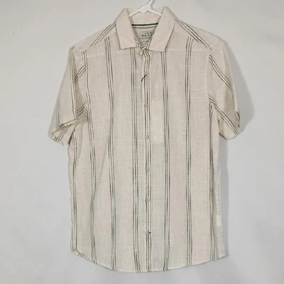 NWT Ike Behar Linen Blend Natural/Black Striped Button Down Mens Size Small - Image 1 of 4
