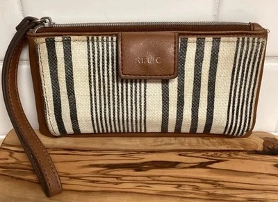Relic by Fossil Wristlet Clutch Wallet Black Ivory Fabric Brown Faux Leather - Image 1 of 4