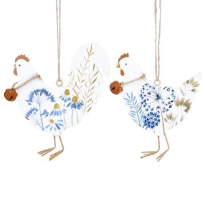 Gisela Graham Set of Two Blue Meadow Hen & Rooster Rustic Easter Decorations - Picture 1 of 1