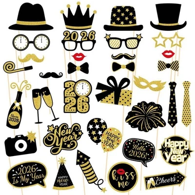 New Year’s Photo Booth Props 2026 – Pack of 35, Nye | Eve Party Supplies Happ... - Image 1 of 4