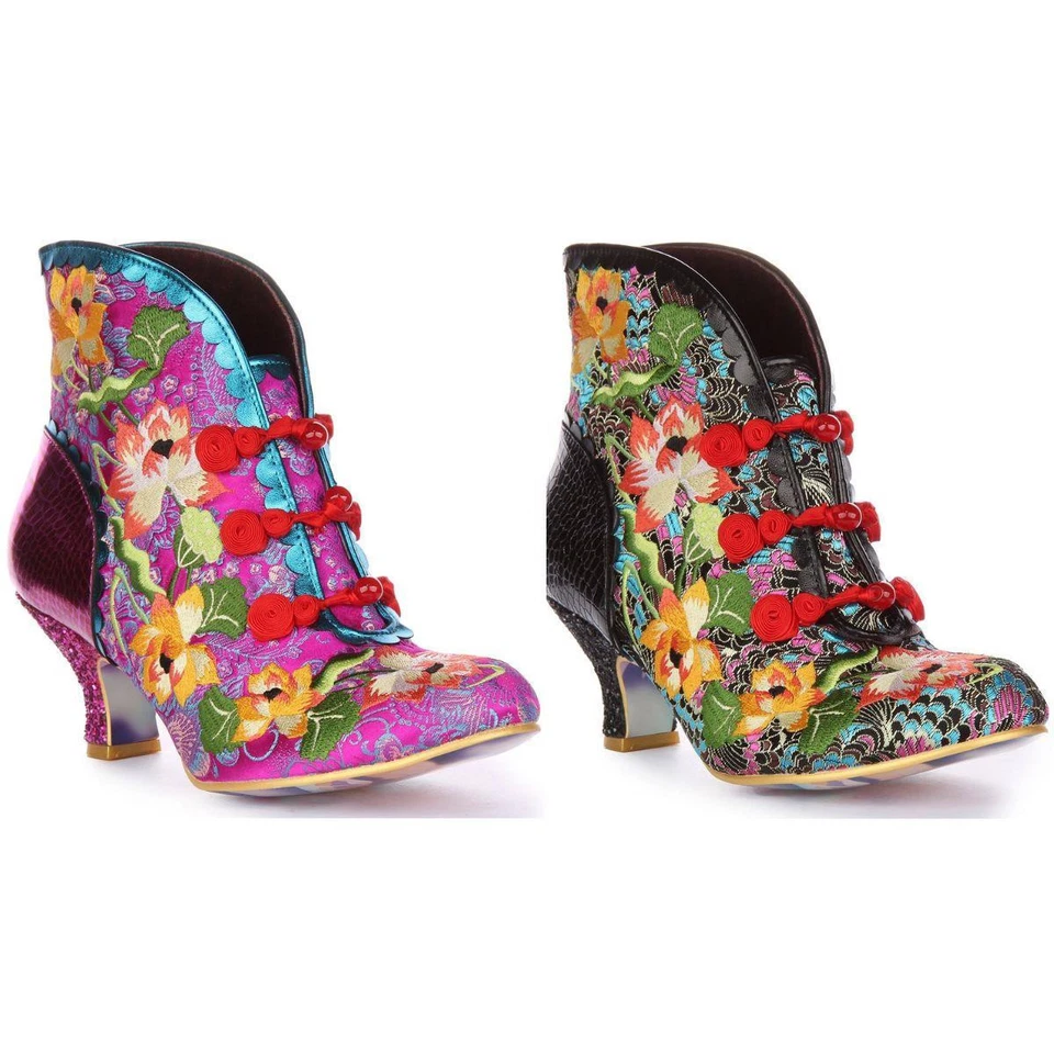 IRREGULAR CHOICE Lotus Eater en Negro Flor Tobillo Tacones Medios Talla UK 3-8 - Imagen 1 de 1