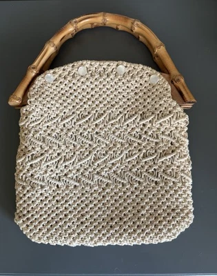 Cartera F W Woolworth Co Tejida Crochet Paja Mango Bambú Años 60 De Colección Boho Chic Foto 1 de 3
