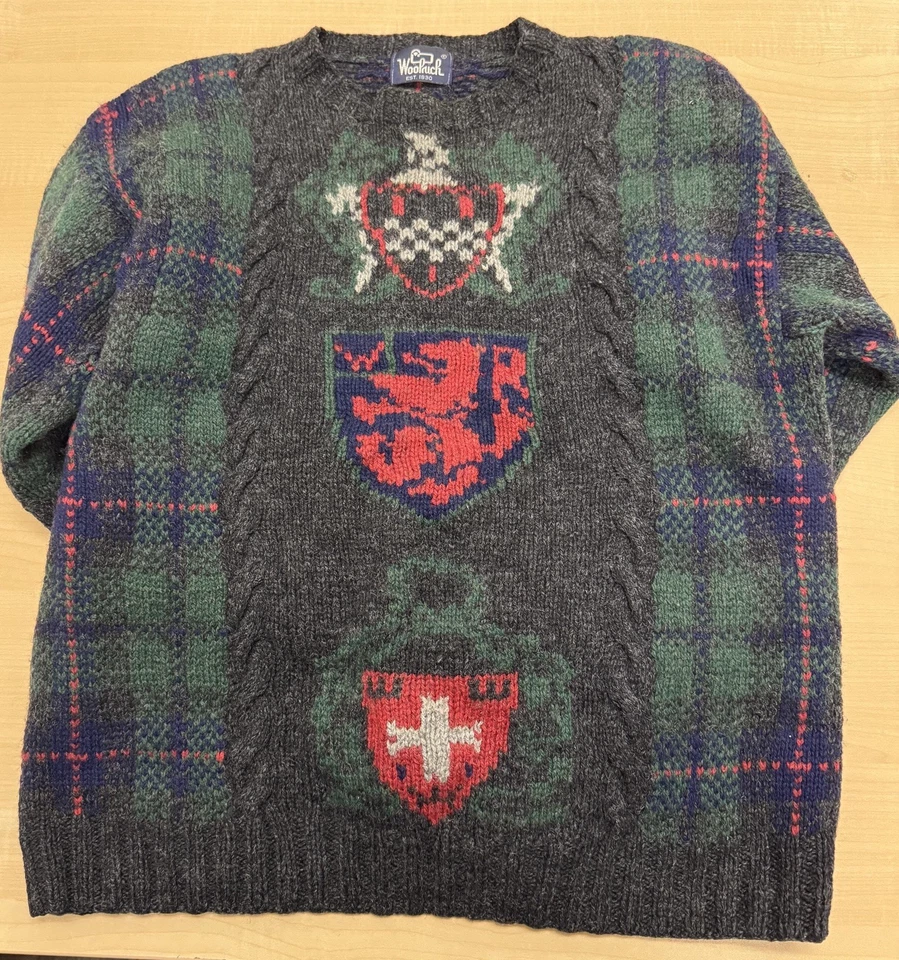 WOOLRICH Sweater Men's large Tartain Plaid Lion Shield Crest Thick Wool Vintage  - Image 1 of 3