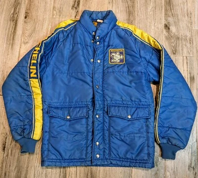 Vtg SWINGSTER Puffer Jacket MICHELIN Man Patch Stripes M Medium - Image 1 of 4