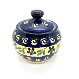 Polnische Keramik Marmelade Zuckerdose mit Deckel Floral blau gelb Boleslawiec - Bild 1 von 6