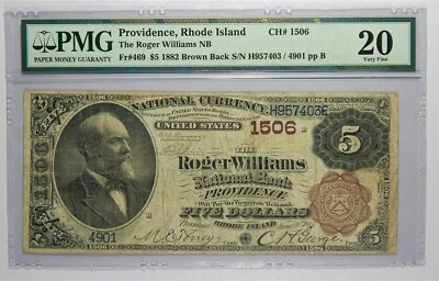 1882 Providence, RI The Roger Williams National Bank $5 Brown Back PMG VF20 - Image 1 of 2