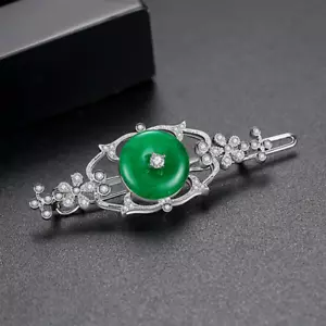 Clip de pelo estilo chino diseño floral vintage jaspe verde chapado en oro joyería - Imagen 1 de 6