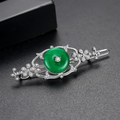 Clip de pelo estilo chino diseño floral vintage jaspe verde chapado en oro joyería Foto 1 de 4