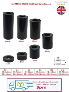 Black Nylon Spacers Standoff Plastic Washers M3 M4 M5 M6 M8 M10 - 3mm - 30mm - Picture 1 of 3