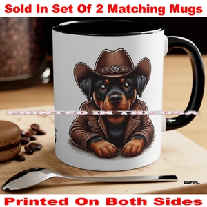 DigiPups Rottweiler Rottie Hund robuste Cowboy Pose Cartoon Kaffeetasse 2 Tassen Set - Bild 1 von 3